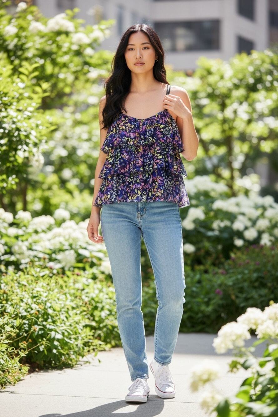 Catherine Malandrino 100% Silk Floral Tiered Ruffle Cami Top Size 6 Purple Blue